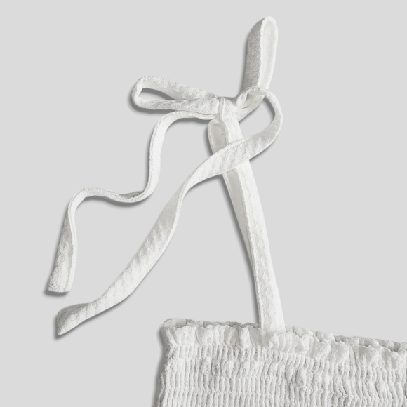 Paper Crane Small White Smocked Tie Strap Peplum Sleeveless Waffle Top - Picture 9 of 16